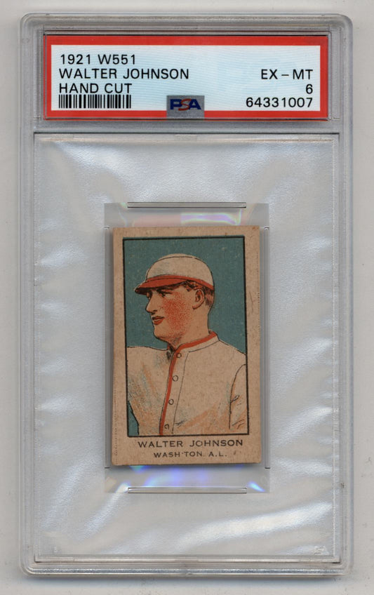 PSA-graded Walter Johnson 1921 W551 hand cut baseball card in excellent-mint condition