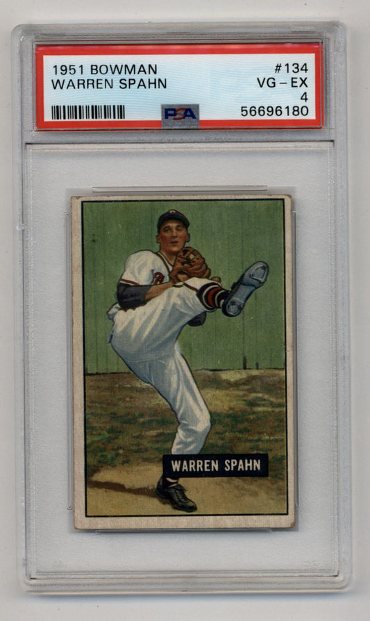 PSA-graded Warren Spahn 1951 Bowman baseball card depicting a pitcher in wind-up motion