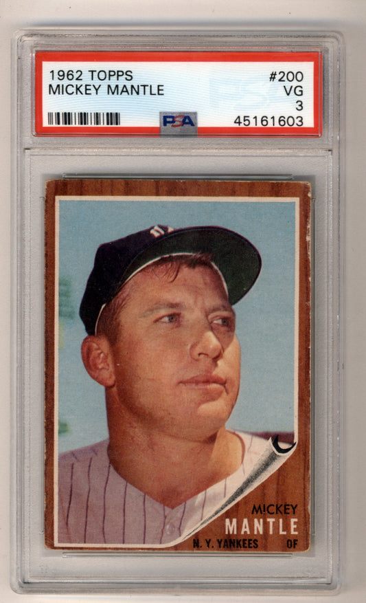 Mickey Mantle 1962 Topps #200 PSA 3 Very Good baseball card in protective case