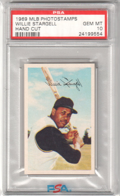 PSA-graded 1969 MLB Photostamps Willie Stargell baseball card in protective case