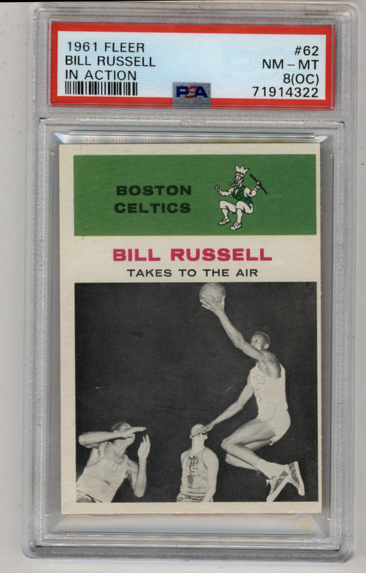 PSA-graded 1961 Fleer Bill Russell basketball trading card featuring game action