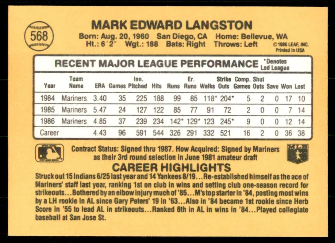 1987 Donruss Mark Langston Seattle Mariners #568