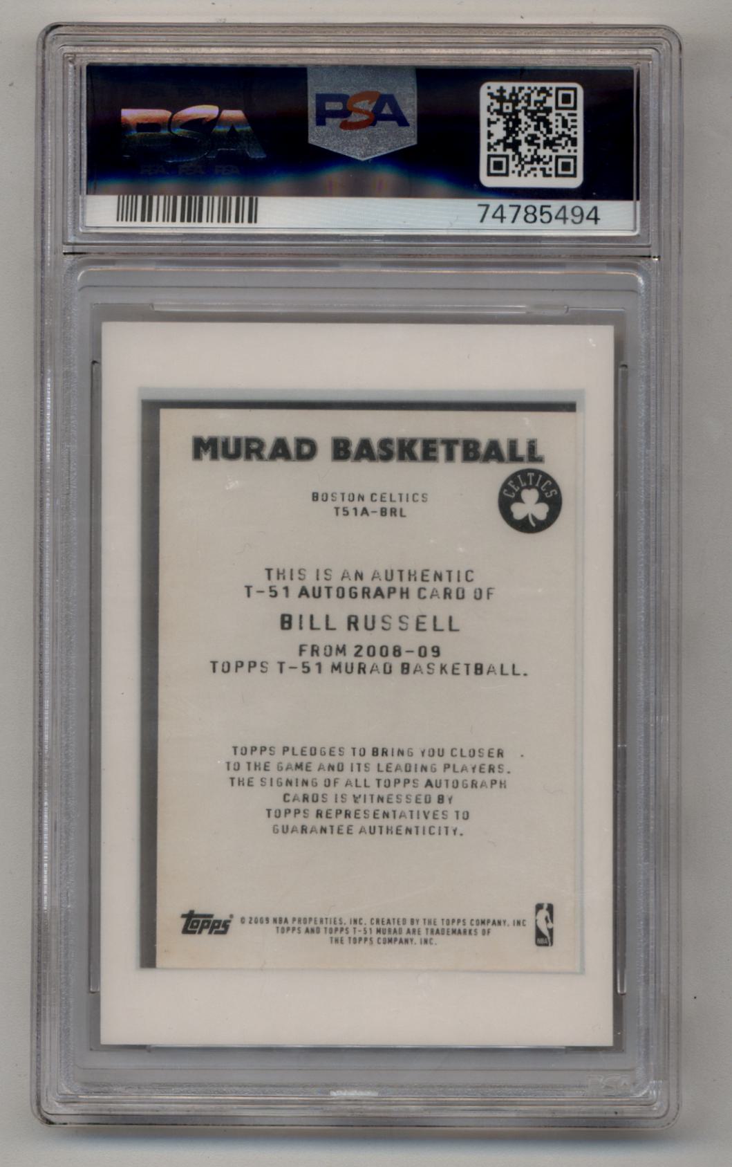 PSA-graded Bill Russell 2008-09 Topps T-51 Murad Auto in protective case with back text