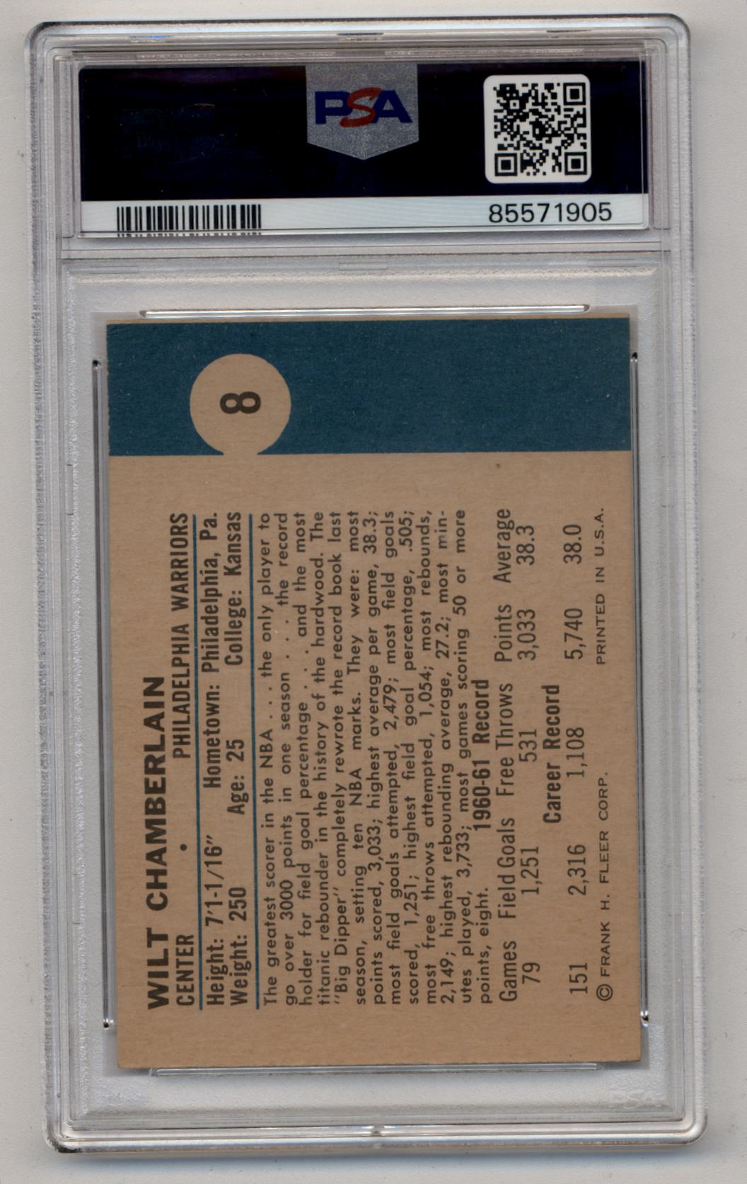 PSA-graded back of Wilt Chamberlain 1961-62 Fleer #8 baseball card encapsulated