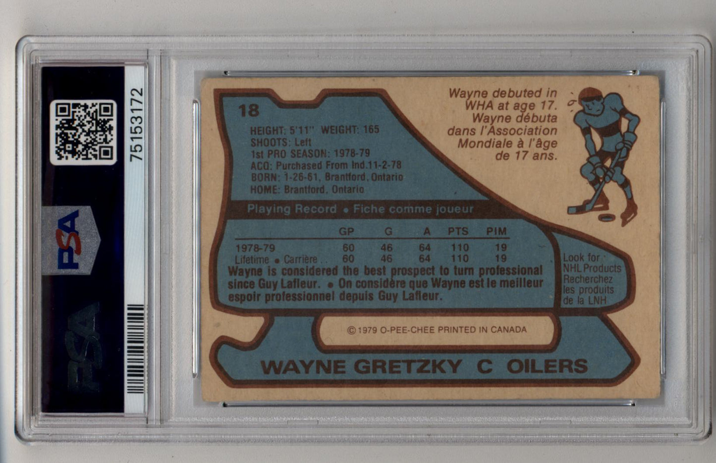 Back side of Wayne Gretzky 1979-80 trading card showing career statistics and info