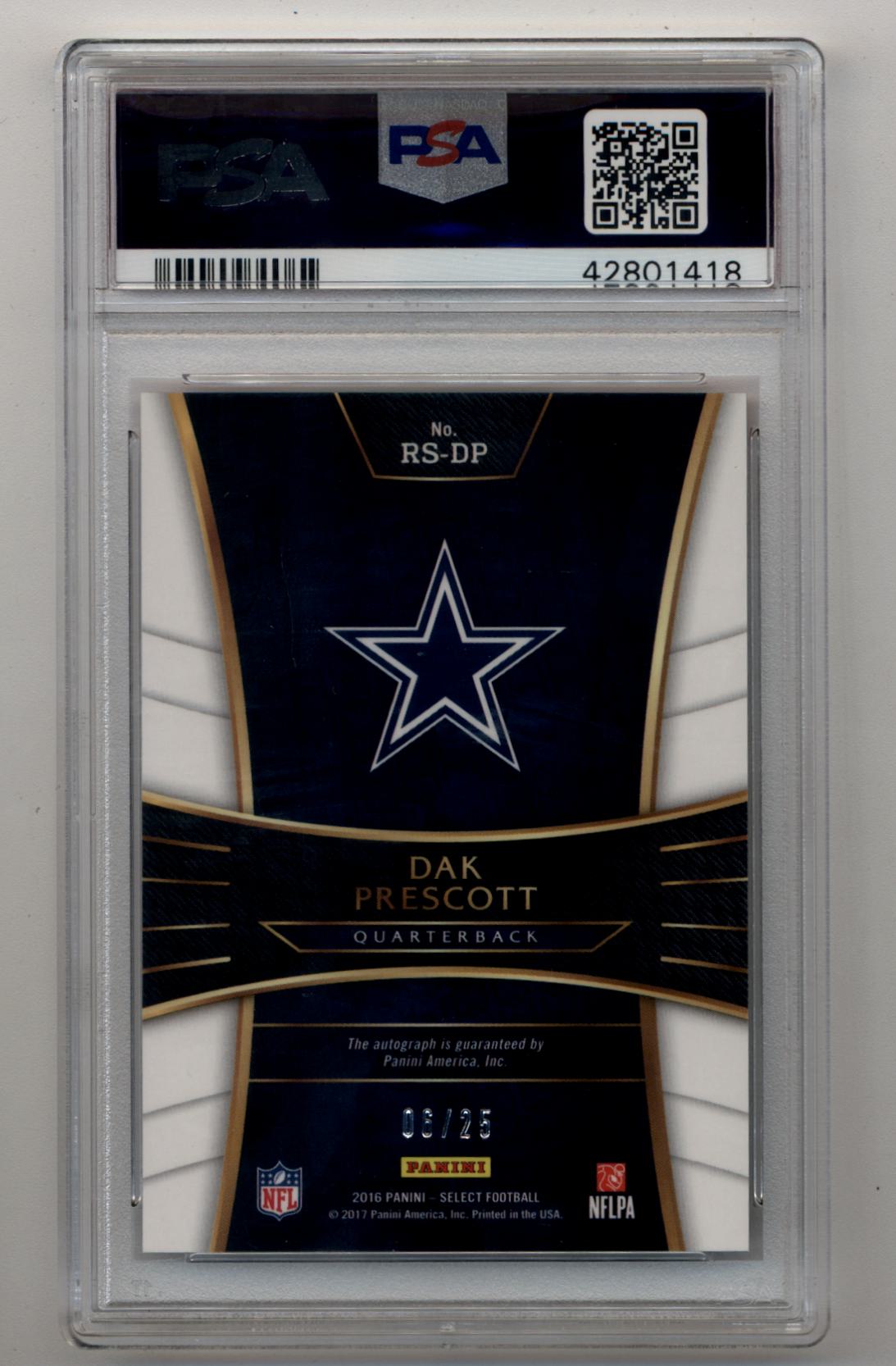 PSA-graded Dak Prescott 2016 Select Rookie Auto Tie Dye Prizm featuring Dallas Cowboys logo