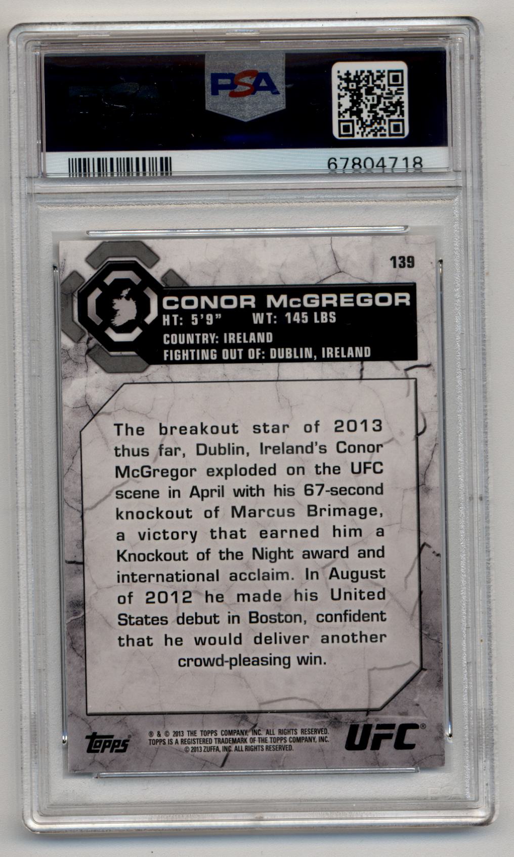 PSA-graded Conor McGregor 2013 Topps UFC Bloodlines trading card showcasing early career achievements