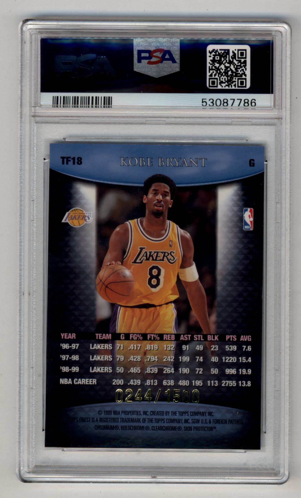 Kobe Bryant 1999-00 Finest Team Finest Blue Basketball Card PSA 9 Mint Yellow Jersey 8