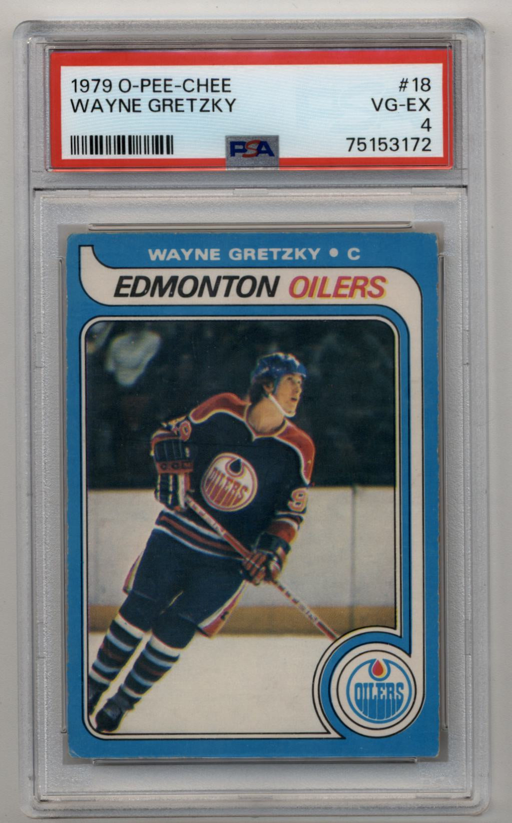 PSA-graded 1979 O-Pee-Chee Wayne Gretzky rookie card in protective case for collectors