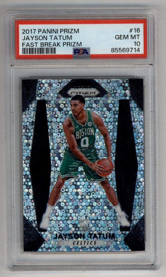 PSA-graded Jayson Tatum 2017 Panini Prizm Fast Break basketball card in green Celtics jersey