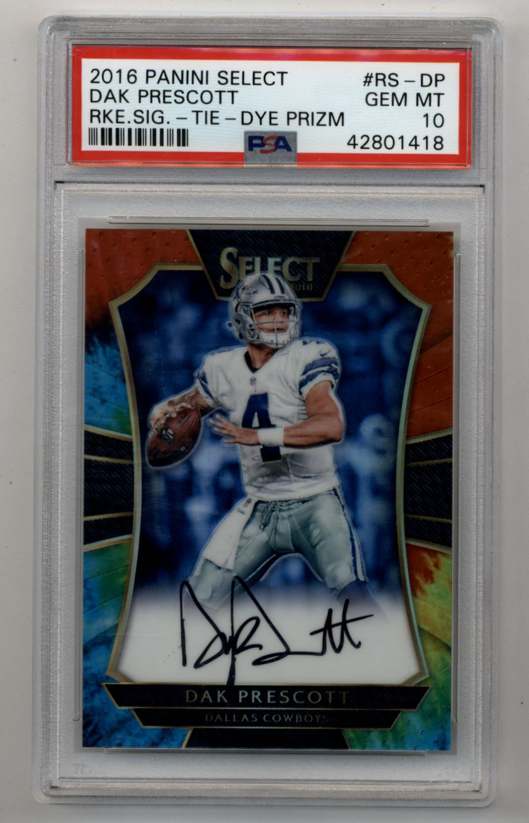 PSA 10 Gem Mint Dak Prescott 2016 Select Rookie Auto Tie Dye Prizm card in case