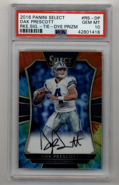 PSA 10 Gem Mint Dak Prescott 2016 Select Rookie Auto Tie Dye Prizm card in case