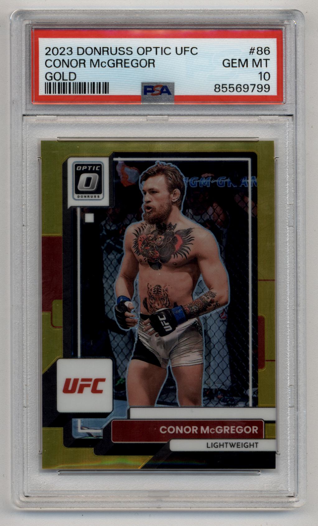 PSA 10 Gem Mint Conor McGregor 2023 Donruss Optic UFC Gold trading card in case