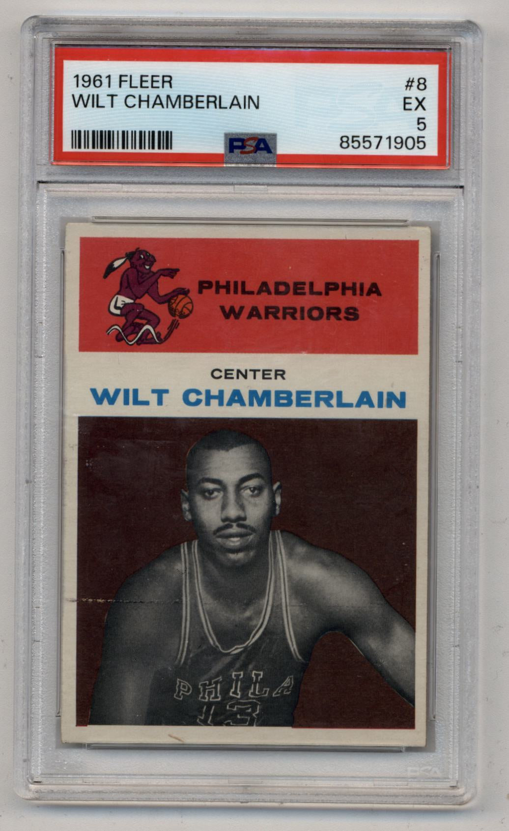 PSA-graded Wilt Chamberlain 1961 Fleer trading card featuring a black and white portrait