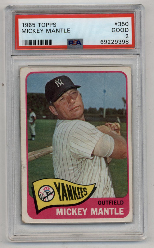 PSA-graded 1965 Topps Mickey Mantle baseball card in protective case for trading cards