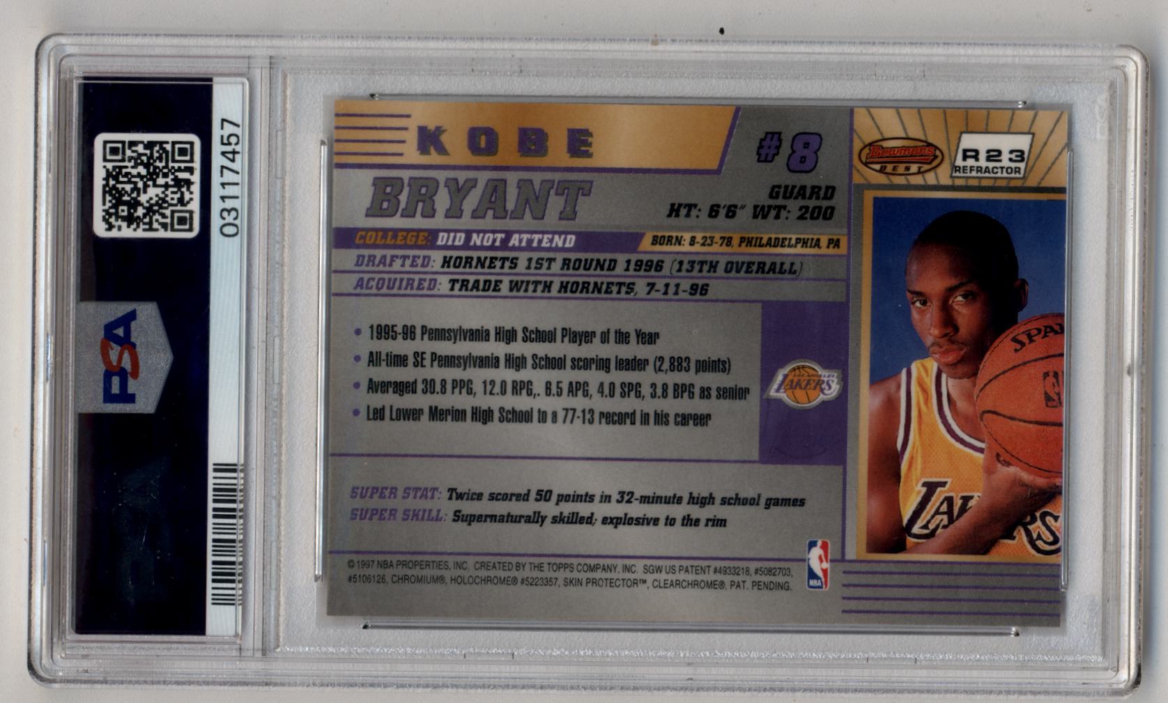 Kobe Bryant 1996-97 Bowman’s Best Rookie R23 Refractor PSA 9 in protective case