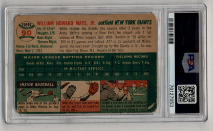 Vintage Willie Mays 1954 Topps #90 baseball card in protective holder for trading cards