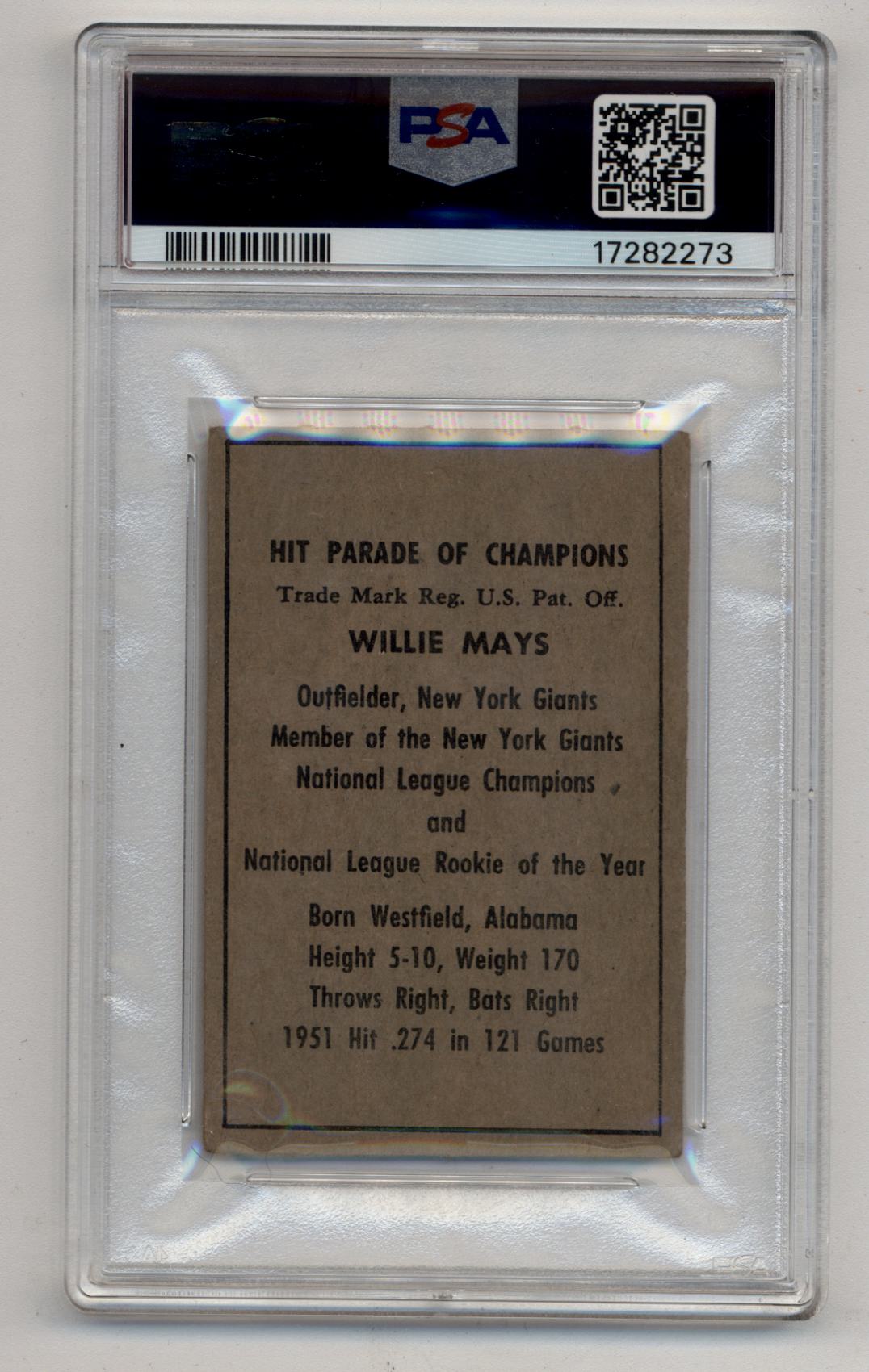 PSA-graded Willie Mays 1952 Berk Ross trading card showcasing career stats in a case