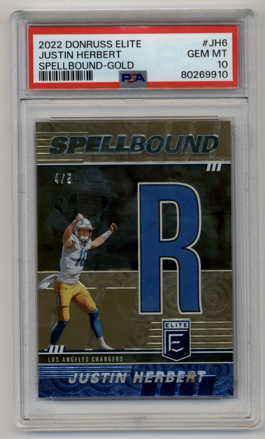 PSA-graded 2022 Donruss Elite Spellbound Gold football card of Justin Herbert