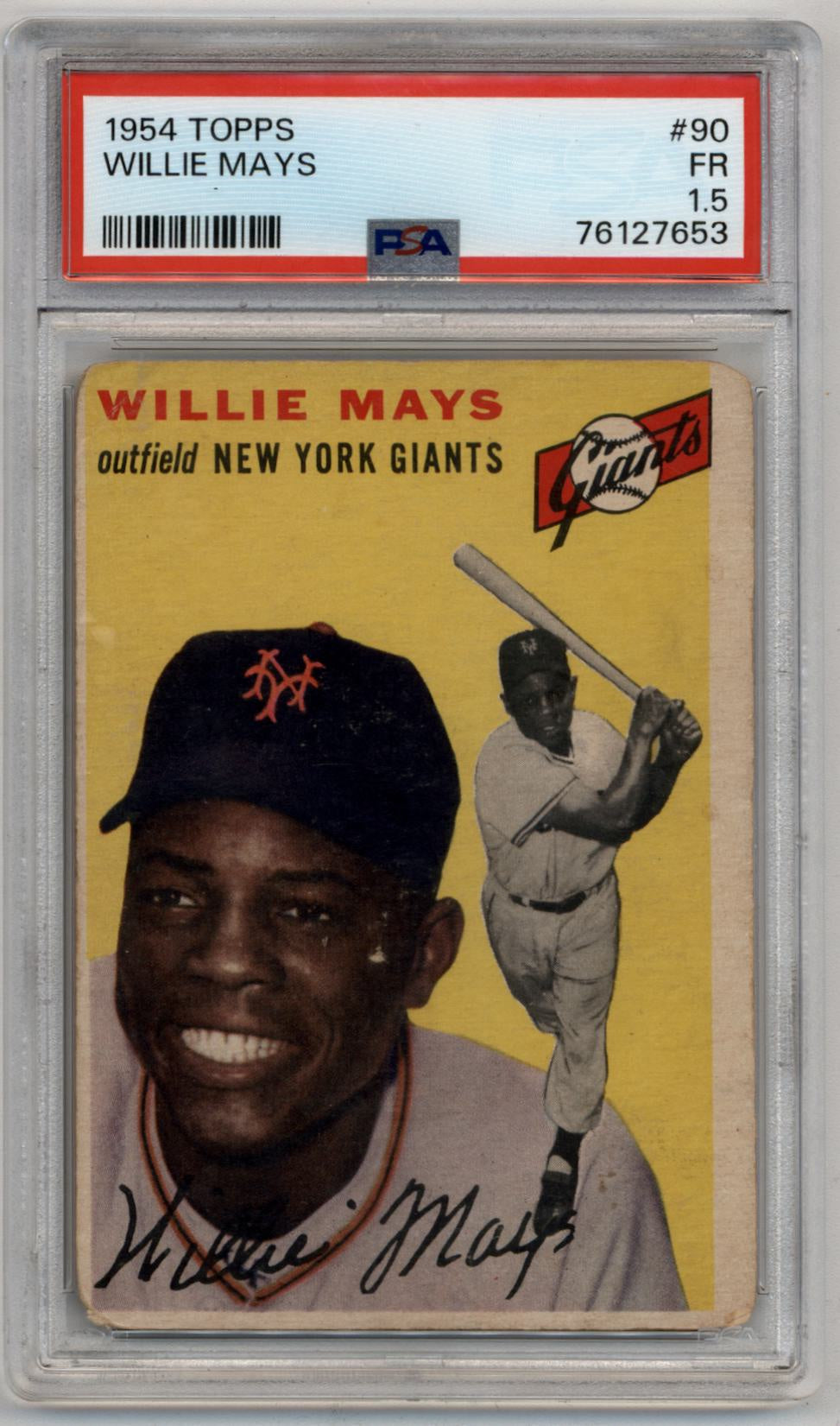 PSA-graded 1954 Topps baseball card of Willie Mays against a yellow background