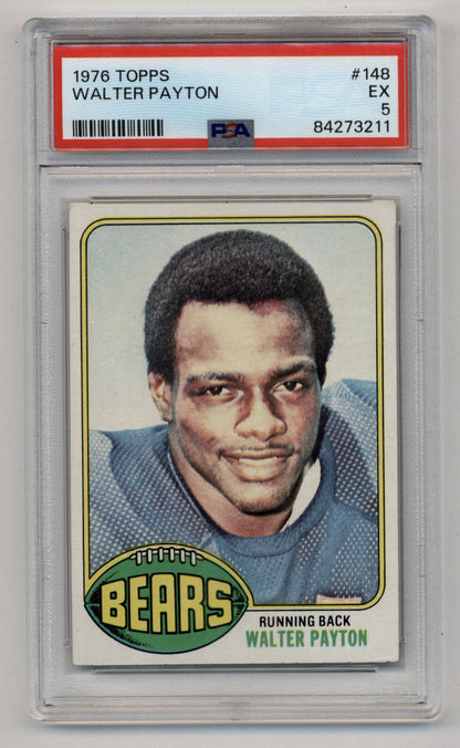 PSA-graded 1976 Topps Walter Payton Rookie trading card in protective case