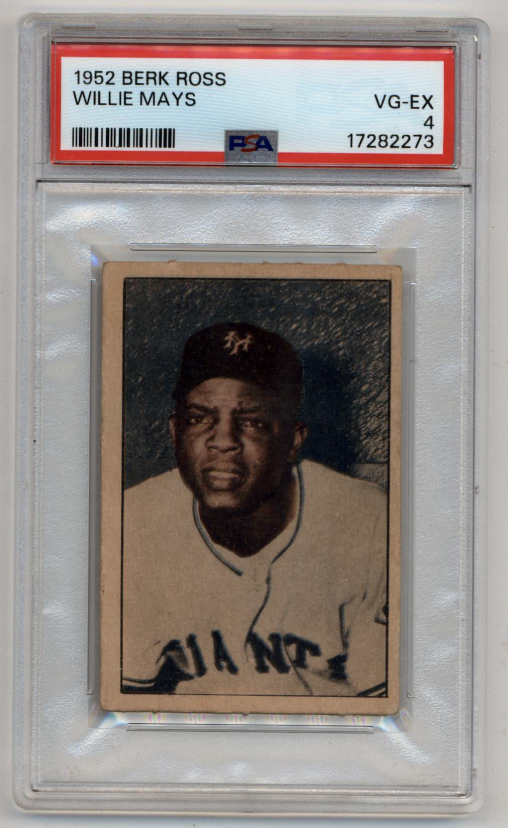 PSA-graded Willie Mays 1952 Berk Ross baseball card in protective case