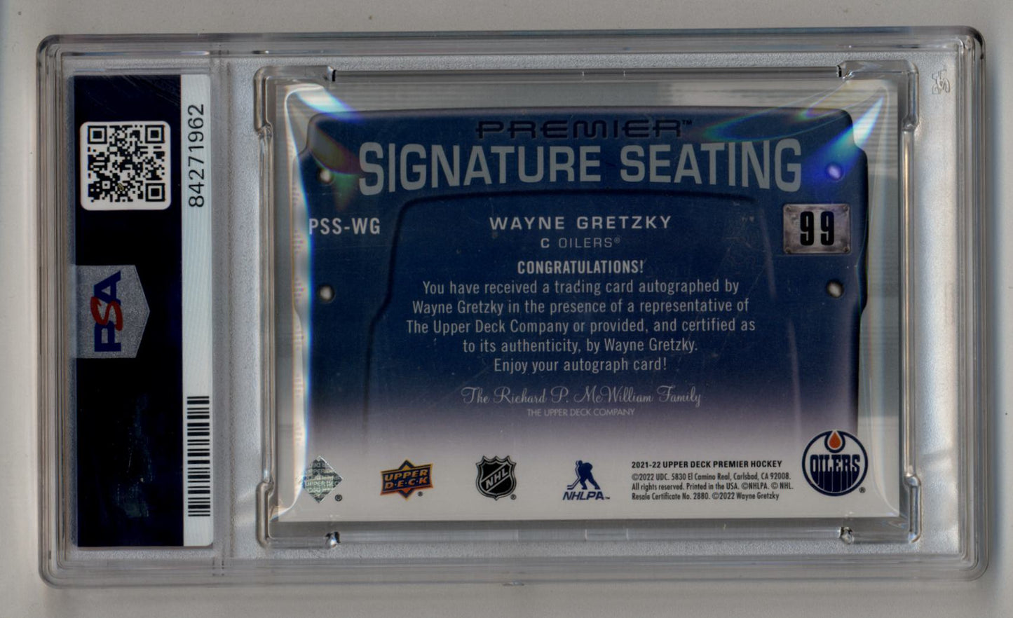 Graded Wayne Gretzky Premier Signature Seats card with visible Signature Seating text