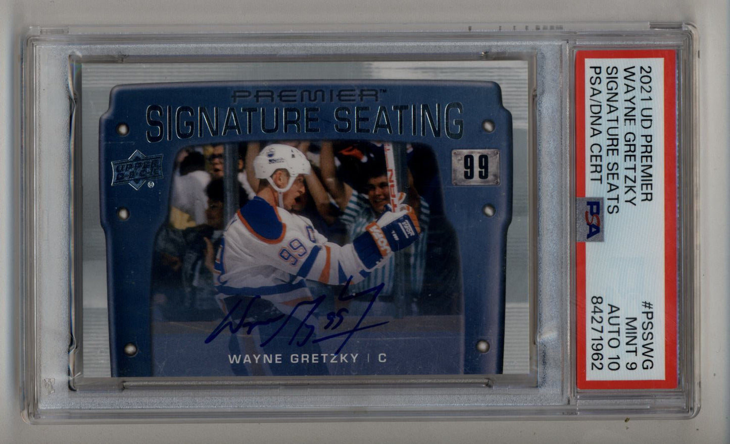 Wayne Gretzky 2021-22 UD Premier Signature Seats PSA 9 Mint Auto 10 trading card image