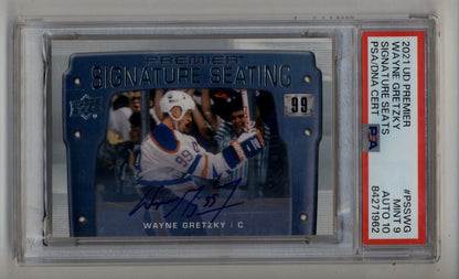 Wayne Gretzky 2021-22 UD Premier Signature Seats PSA 9 Mint Auto 10 trading card image