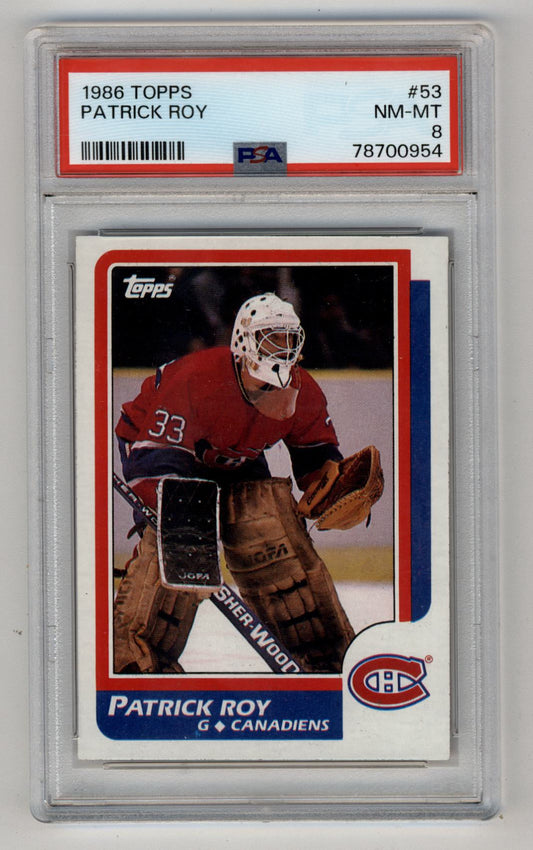 PSA-graded 1986 Topps Patrick Roy hockey card in red jersey making a save