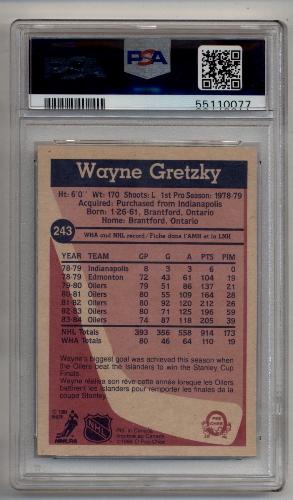 Wayne Gretzky 1984-85 O-Pee-Chee #243 PSA 9 Mint trading card back with stats