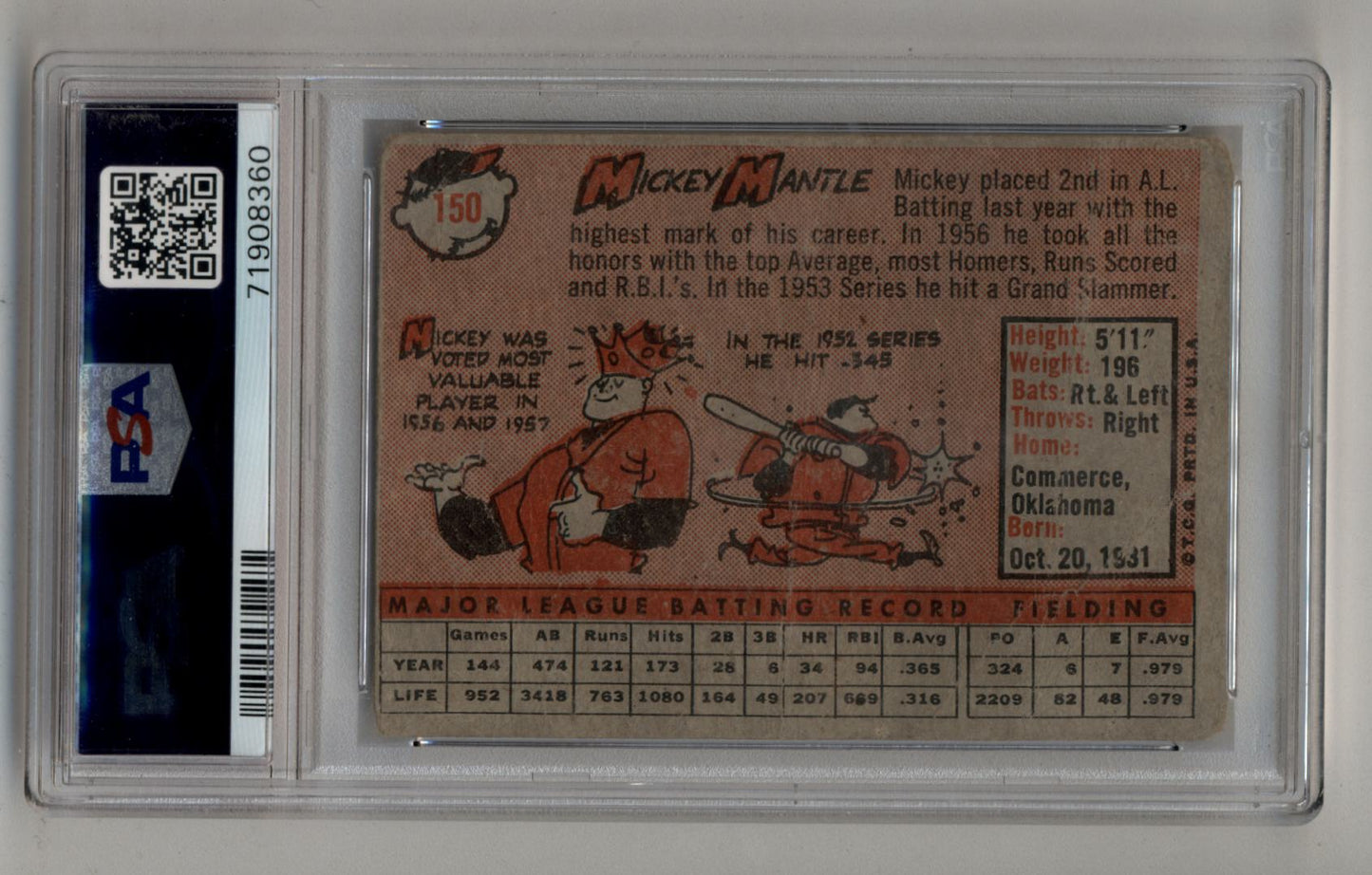 Vintage Mickey Mantle 1958 Topps baseball card in graded case with cartoon artwork