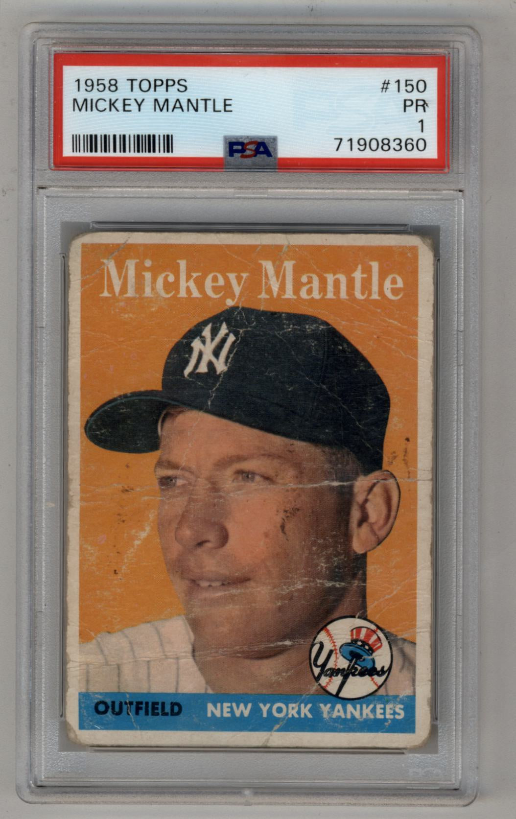 PSA-graded 1958 Topps Mickey Mantle baseball card in protective case for collectors