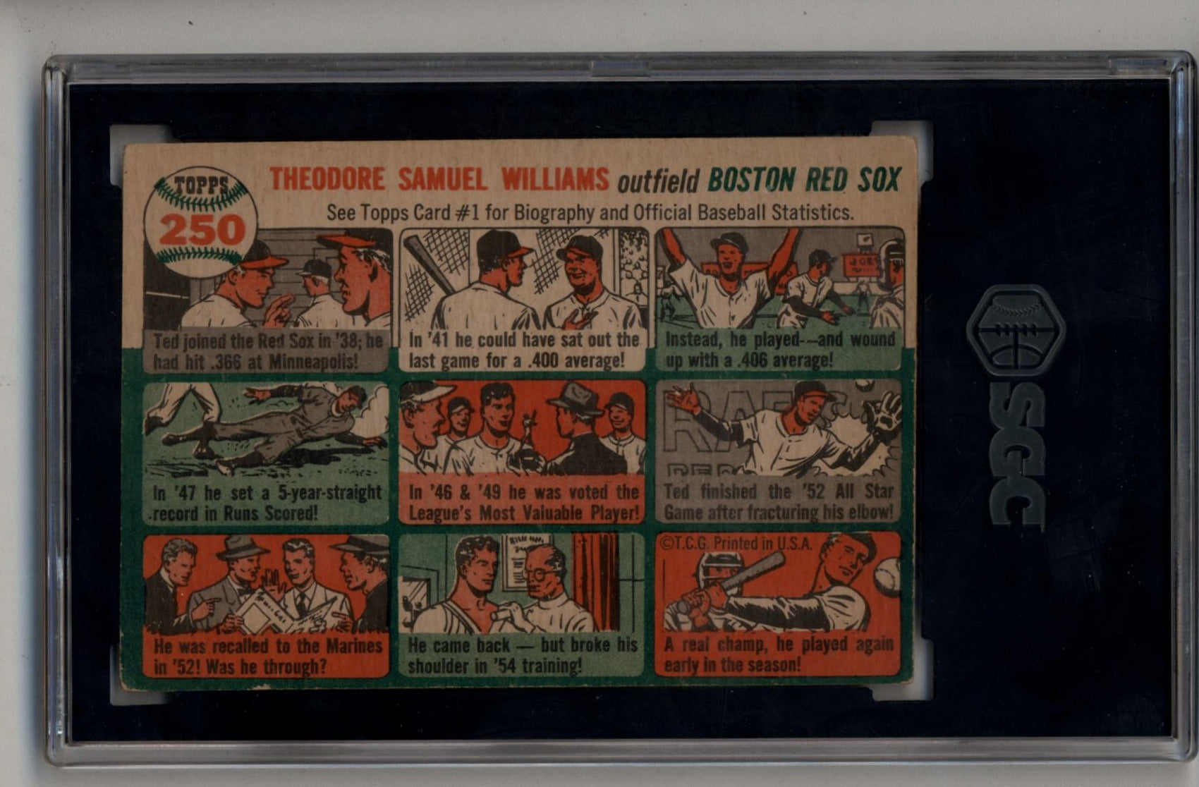 Vintage 1956 Topps baseball card of Ted Williams featuring cartoon career highlights