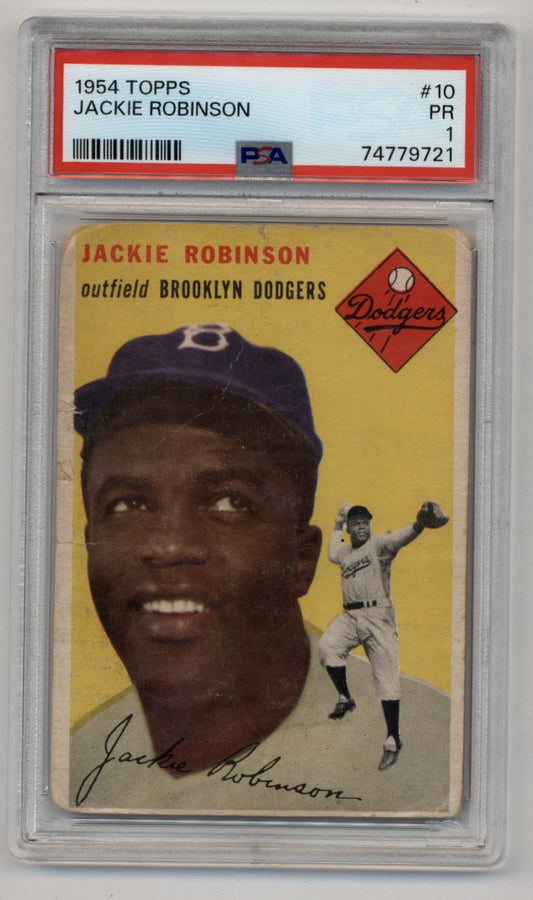 Jackie Robinson 1954 Topps baseball card graded PSA 1 in protective holder