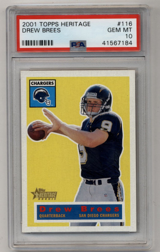 PSA-graded 2001 Topps Heritage Drew Brees rookie card in protective case Gem Mint condition