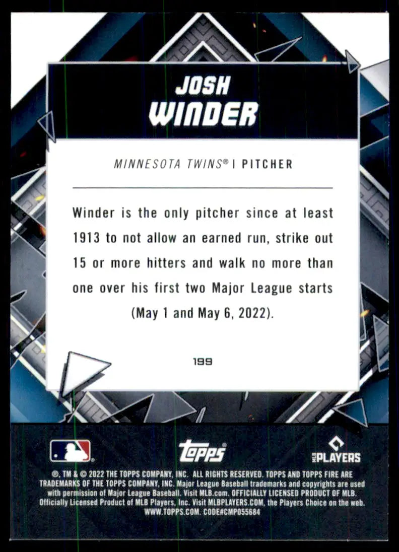 2022 Topps Fire Josh Winder Rookie Minnesota Twins #199