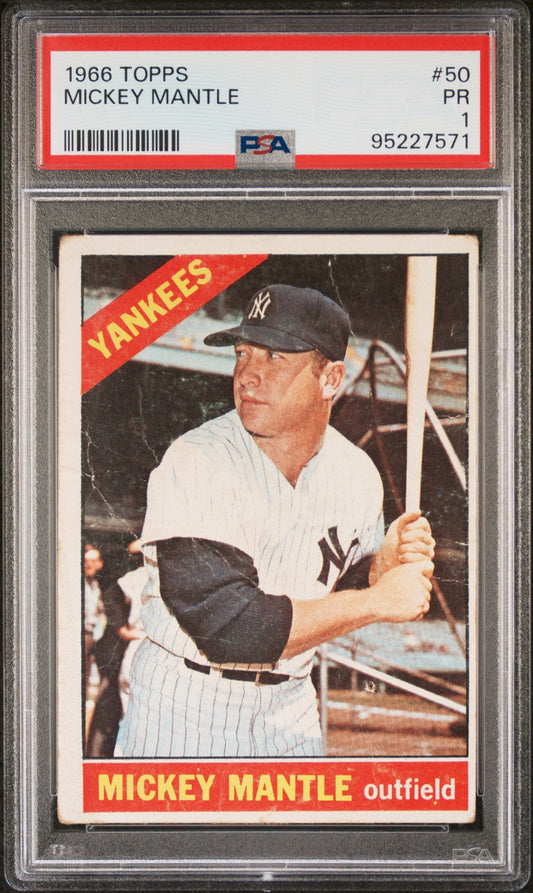 PSA-graded Mickey Mantle 1966 Topps baseball card featuring Yankees outfielder in pinstripes