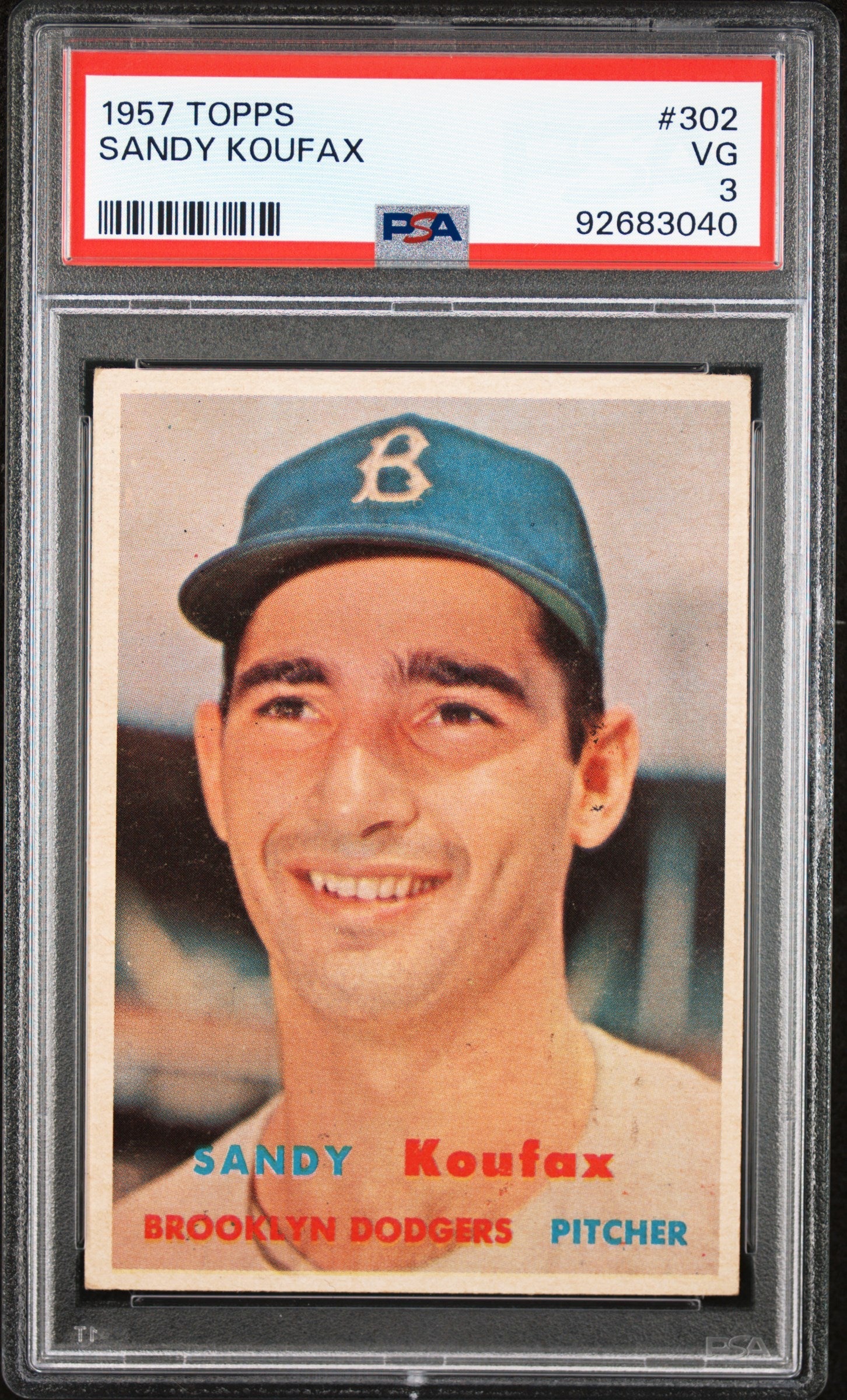 PSA-graded 1957 Topps Sandy Koufax baseball card in protective holder for trading cards