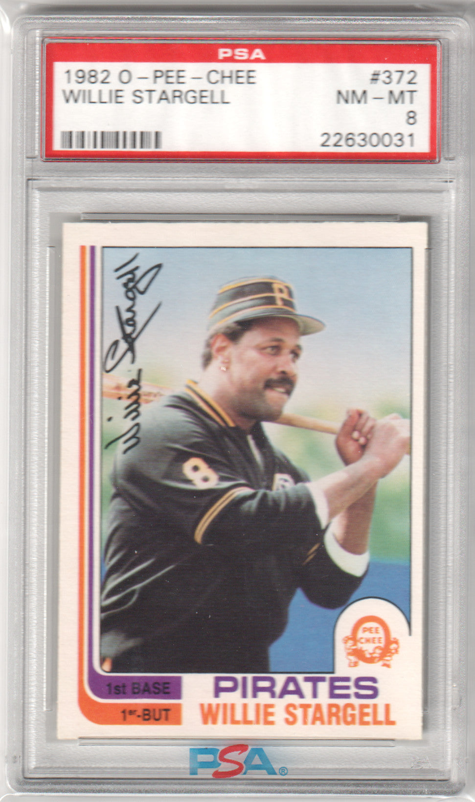 PSA-graded 1982 O-Pee-Chee Willie Stargell Pittsburgh Pirates baseball card in case