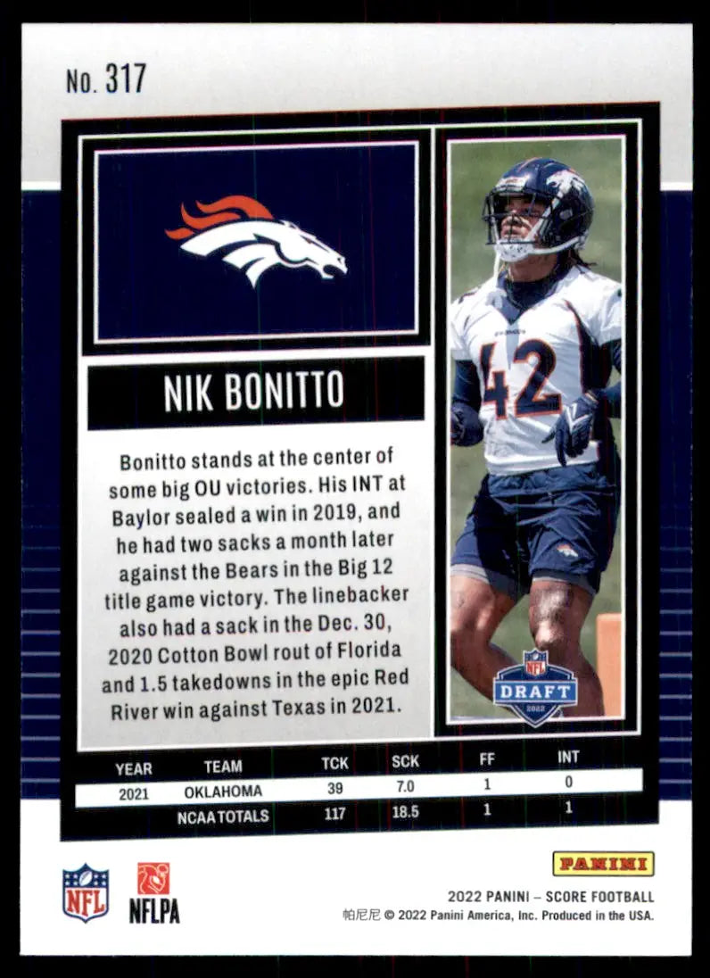 2022 Score Nik Bonitto Rookie Denver Broncos #317