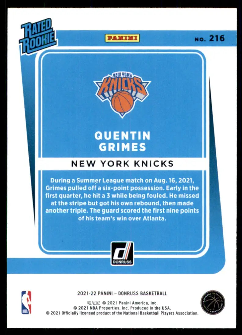 2021-22 Panini Donruss Quentin Grimes Rookie New York Knicks #216