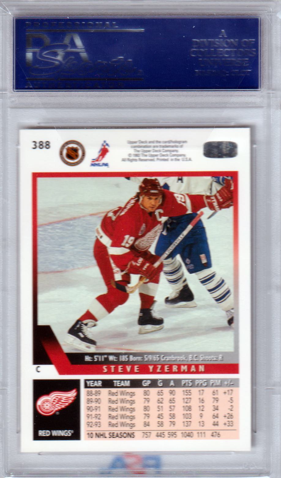 PSA-graded 1993 Upper Deck Steve Yzerman card with Red Wings vs Maple Leafs action