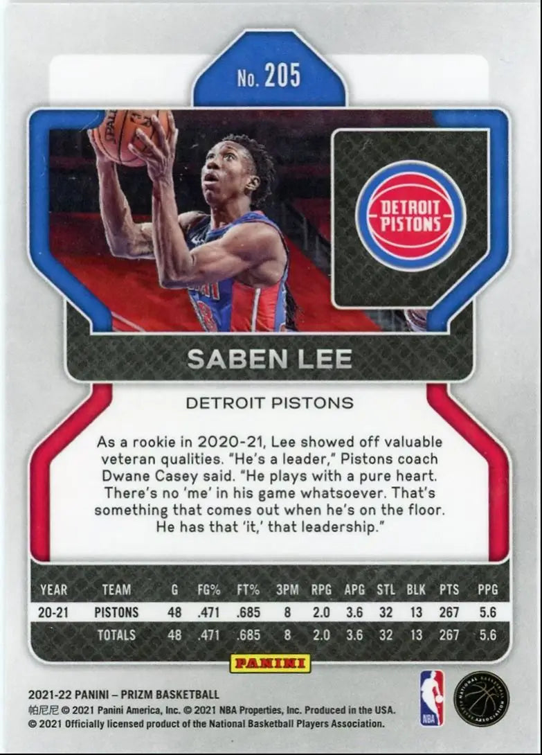 2021-22 Panini Prizm Saben Lee Detroit Pistons #205