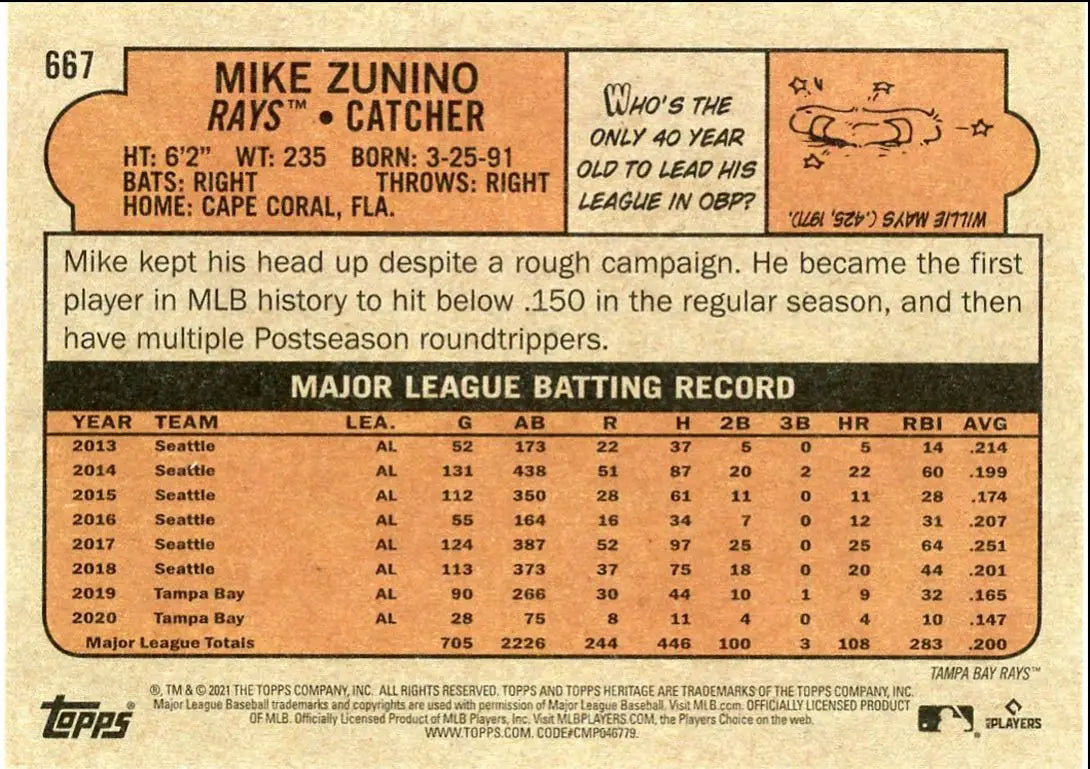 2021 Topps Heritage High Number Mike Zunino Tampa Bay Rays #667