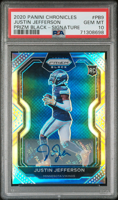 PSA 10 Gem Mint Justin Jefferson Chronicles Prizm Black Auto football card with holographic design