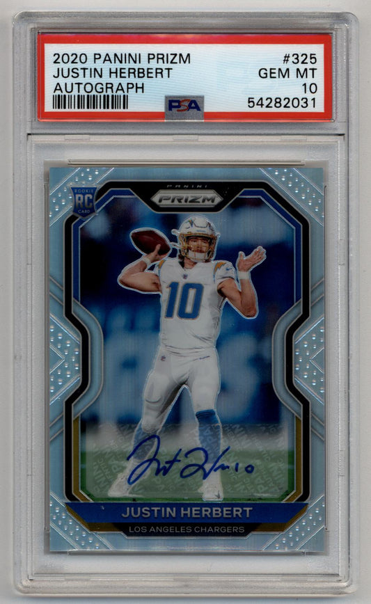 Justin Herbert 2020 Panini Prizm Auto PSA 10 Gem Mint rookie card in white uniform