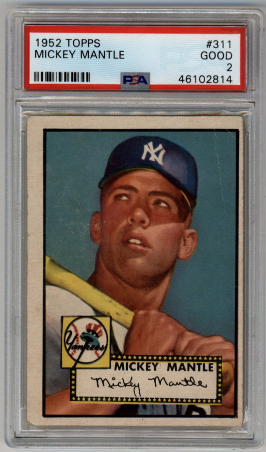 PSA-graded 1952 Topps Rookie card of Mickey Mantle holding a bat against blue-green background