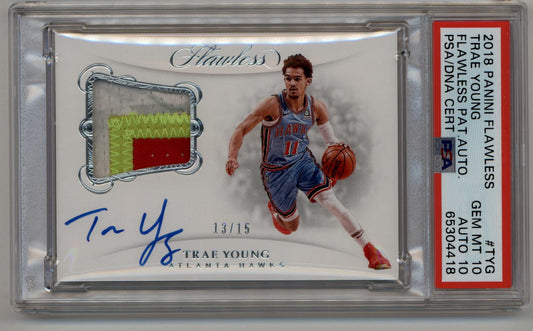 Basketball trading card of Trae Young, featuring Flawless Patch Auto and jersey patch