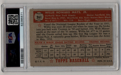 Vintage 1962 Topps baseball card of Willie Mays in protective case with QR code label